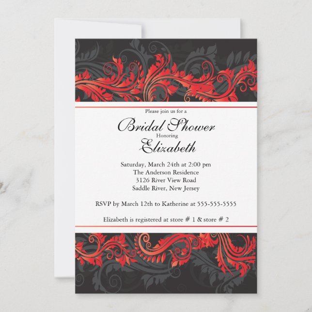Fancy Red Black Damask Bridal Shower Invitation (Front)