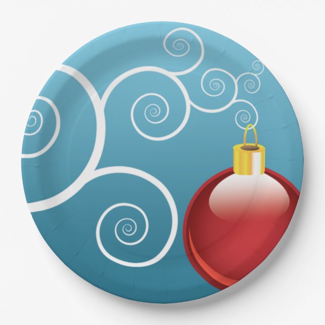 Fancy Red Christmas Ornament Blue Background Paper Plates (Front)
