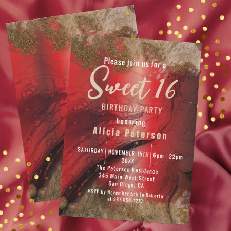 Fancy Red Gold Glam Luxury Marble Paint Sweet 16