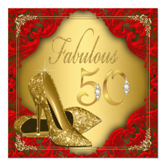 Fancy Red Gold High Heel Fabulous 50th Birthday Card