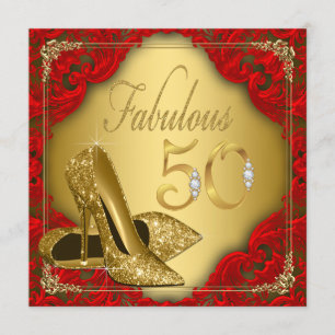 Fancy Red Gold High Heel Fabulous 50th Birthday Invitation