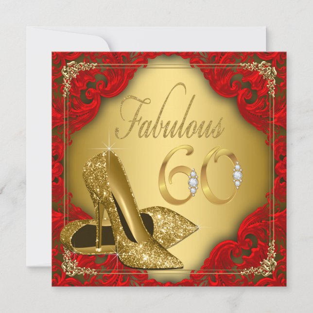 Fancy Red Gold High Heel Fabulous 60th Birthday Invitation (Front)