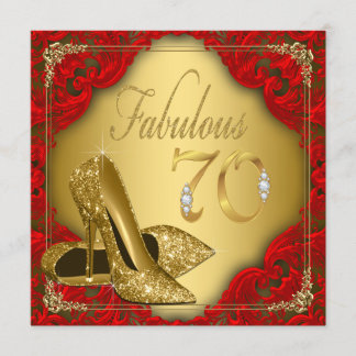 Fancy Red Gold High Heel Fabulous 70th Birthday Invitation