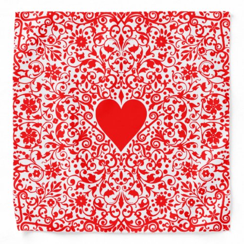 Fancy Red Heart and Flowers Graphic Pattern Bandana