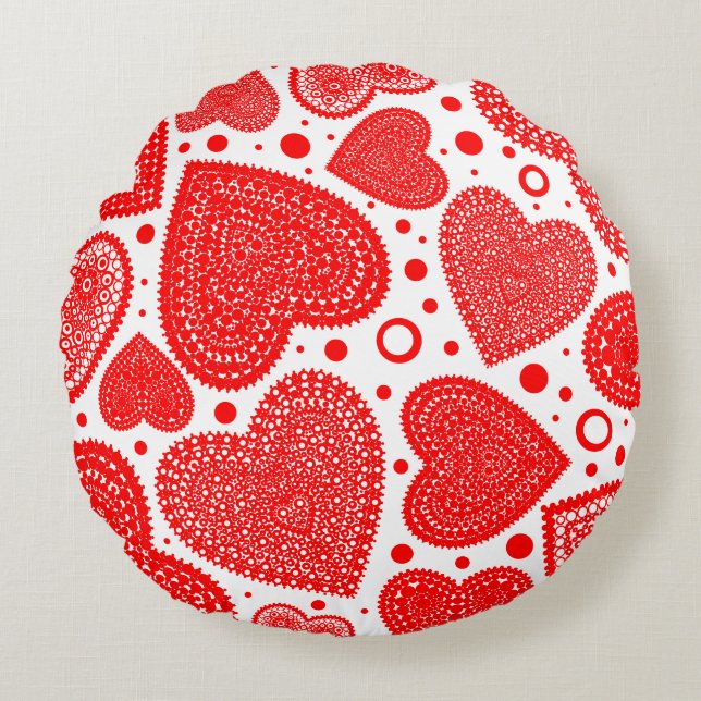 Fancy Red Hearts and Dots Pattern Round Pillow (Front)
