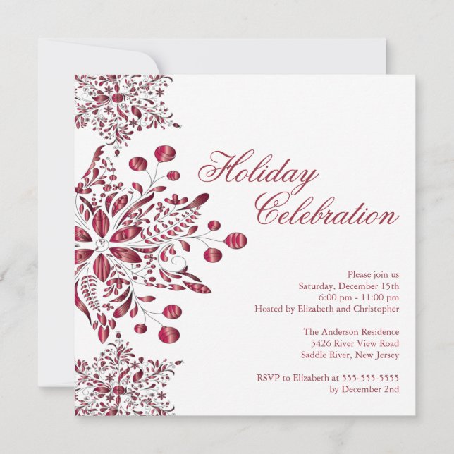 Fancy Red Jewel Snowflakes Holiday Party Invitation (Front)