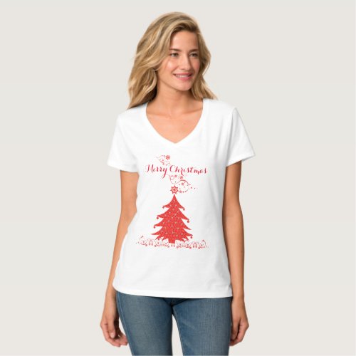 Fancy Red Lace Merry Christmas Tree T_Shirt