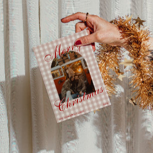 Fancy Red Old Money Gingham Photo Christmas Holiday Card