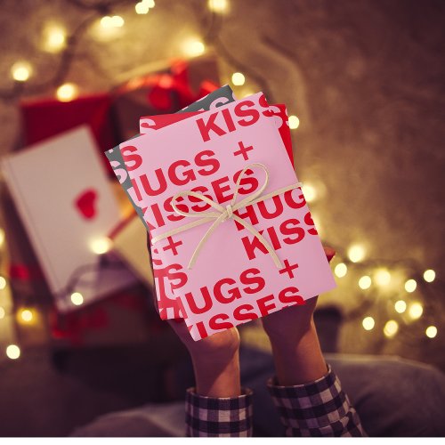 Fancy Red  Pink Hugs  Kisses Valentines Wrapping Paper Sheets