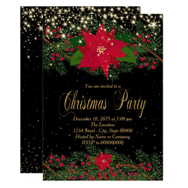 Fancy Red Poinsettia Christmas Party Invitation