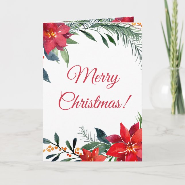 Fancy Red Poinsettia Greenery Calligraphy Holiday Card (Front)