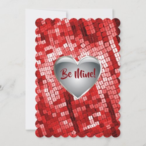 Fancy Red Sequins and Silver Heart Valentines Day Holiday Card