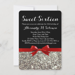 Fancy Red Silver Glitter Sweet 16 Party Invitation