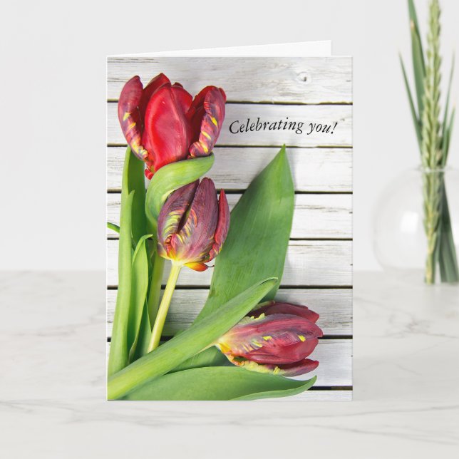 fancy red tulips on wood card (Front)