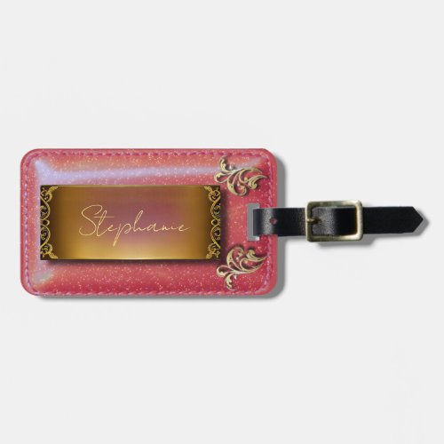 Fancy Red Watercolor Leather Look Backpack Luggage Tag