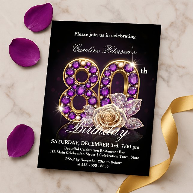 Fancy Regal Rose Amethyst Gold 80th Birthday Invitation (Creator Uploaded)