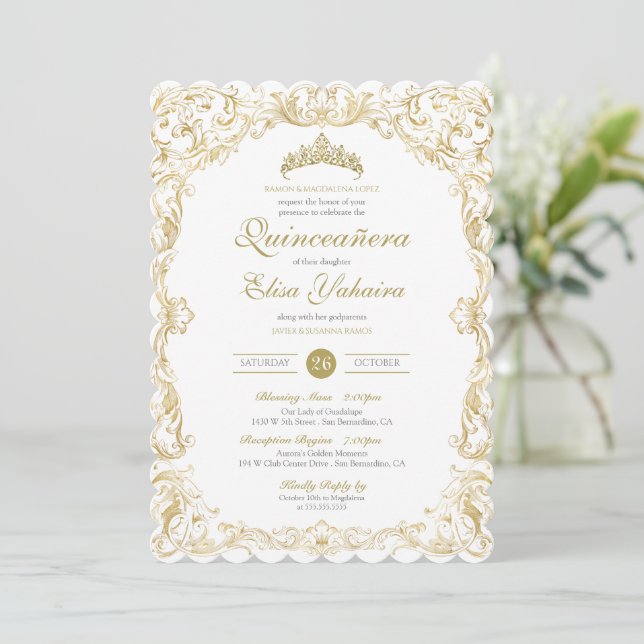 Fancy Regal White Gold Elegant Quinceanera Invitation (Standing Front)