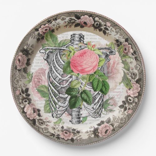 Fancy Ribcage with Roses Vintage Halloween Paper Plates