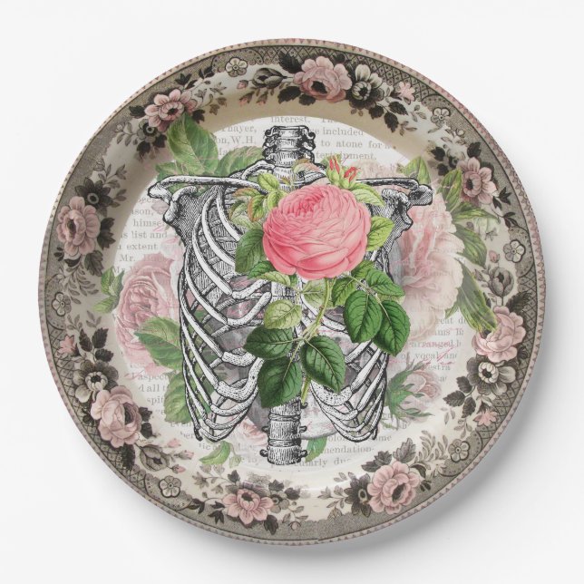 Fancy Ribcage with Roses Vintage Halloween Paper Plates (Front)