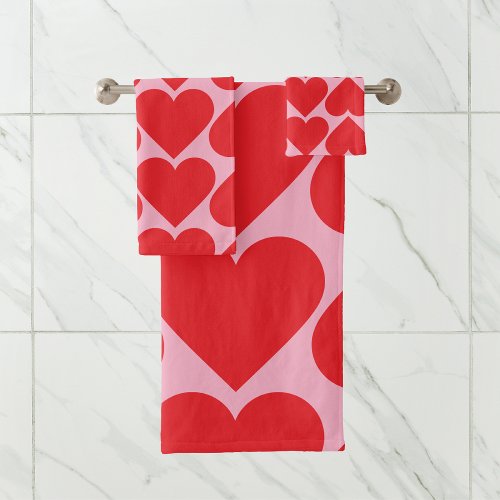 Fancy Romantic Red  Pink Hearts Pattern  Bath Towel Set