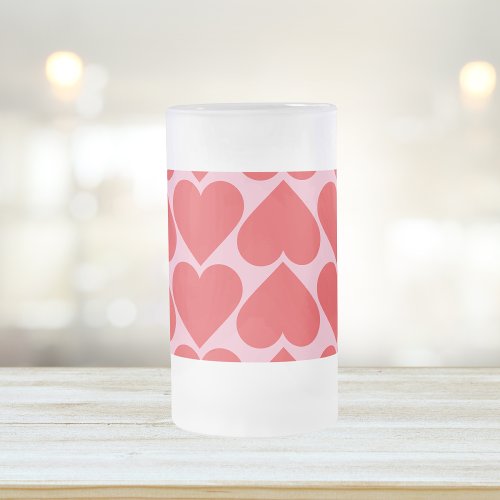 Fancy Romantic Red  Pink Hearts Pattern Frosted Glass Beer Mug