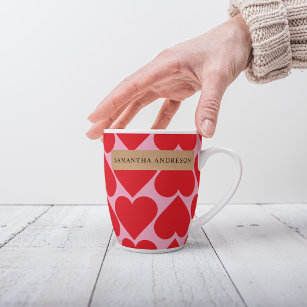 Fancy Romantic Red & Pink Hearts Pattern Latte Mug