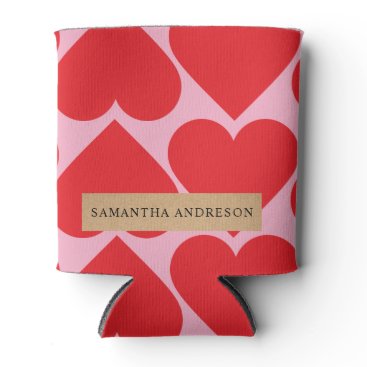 Fancy Romantic Red & Pink Hearts Pattern With Name Can Cooler