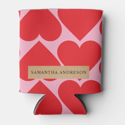 Fancy Romantic Red  Pink Hearts Pattern With Name Can Cooler