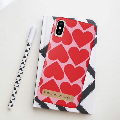 Fancy Romantic Red  Pink Hearts Pattern With Name iPhone XS Case