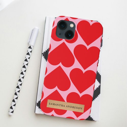Fancy Romantic Red  Pink Hearts Pattern With Name iPhone 13 Case