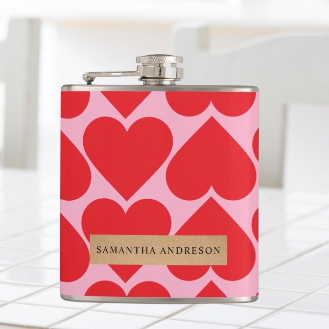 Fancy Romantic Red & Pink Hearts Pattern With Name Flask (Creator Uploaded)