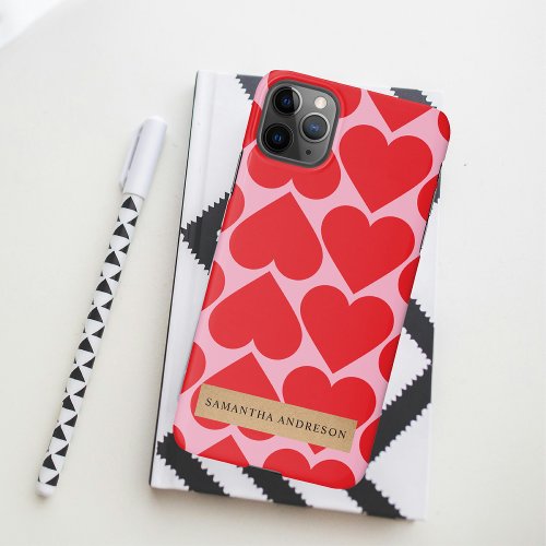 Fancy Romantic Red  Pink Hearts Pattern With Name iPhone 11Pro Max Case