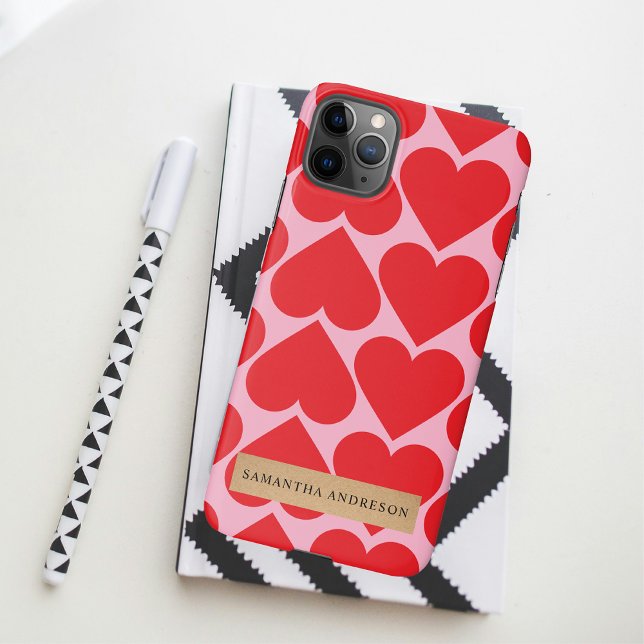 Fancy Romantic Red & Pink Hearts Pattern With Name iPhone Case (Creator Uploaded)