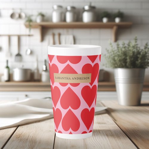 Fancy Romantic Red  Pink Hearts Pattern With Name Latte Mug