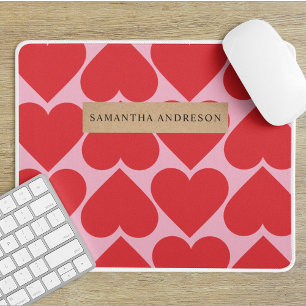 Fancy Romantic Red & Pink Hearts Pattern With Name Mouse Pad