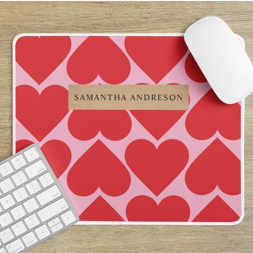 Fancy Romantic Red  Pink Hearts Pattern With Name Mouse Pad