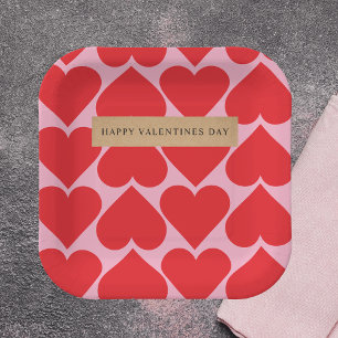 Fancy Romantic Red & Pink Hearts Pattern With Name Paper Plates