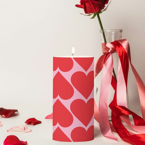Fancy Romantic Red  Pink Hearts Pattern With Name Pillar Candle