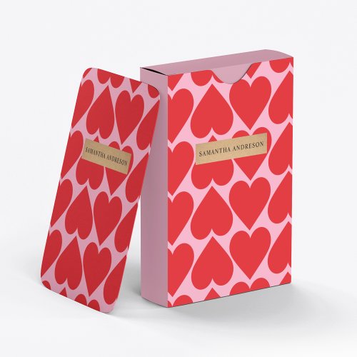 Fancy Romantic Red  Pink Hearts Pattern With Name Playing Cards