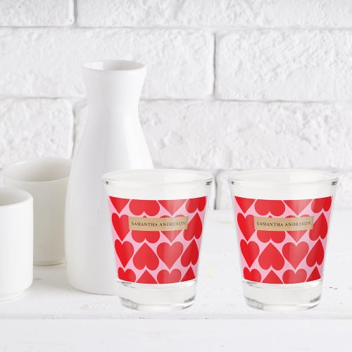 Fancy Romantic Red  Pink Hearts Pattern With Name Shot Glass