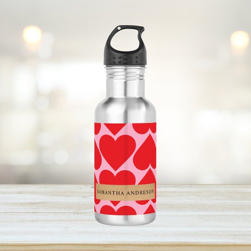 Fancy Romantic Red  Pink Hearts Pattern With Name Stainless Steel Water Bottle