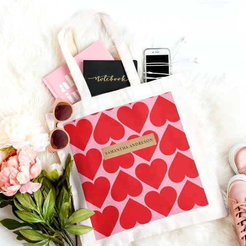 Fancy Romantic Red  Pink Hearts Pattern With Name Tote Bag