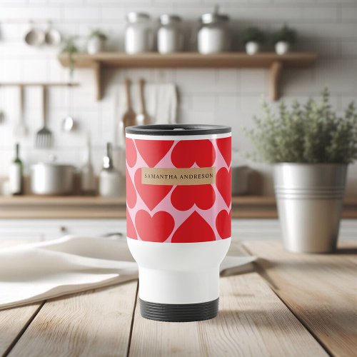 Fancy Romantic Red  Pink Hearts Pattern With Name Travel Mug