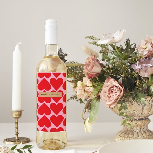 Fancy Romantic Red  Pink Hearts Pattern With Name Wine Label