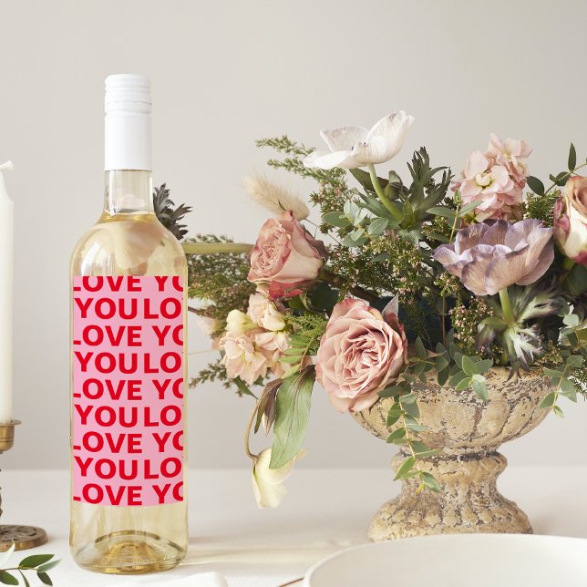 Fancy Romantic Red & Pink Love You Pattern  Wine Label (Creator Uploaded)
