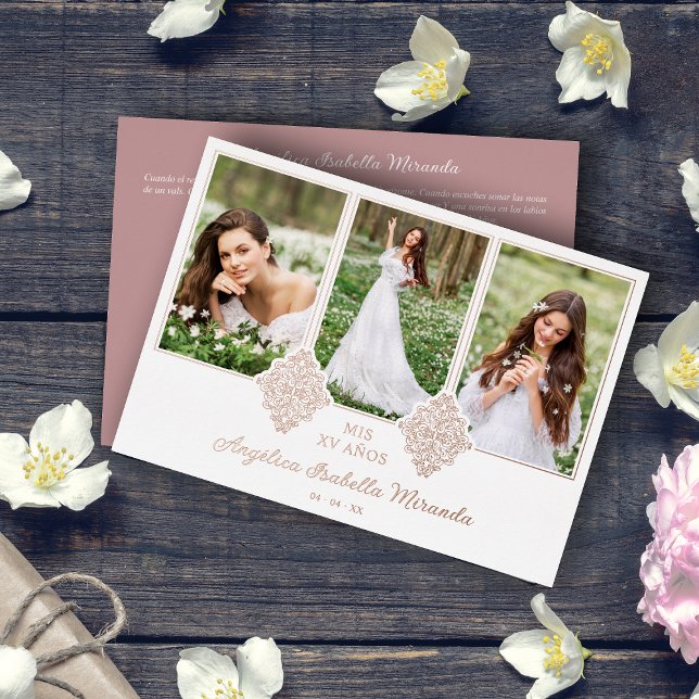 Fancy Romantic Rose Gold My XV Spanish 3 Photos  Foil Invitation (Creator Uploaded)