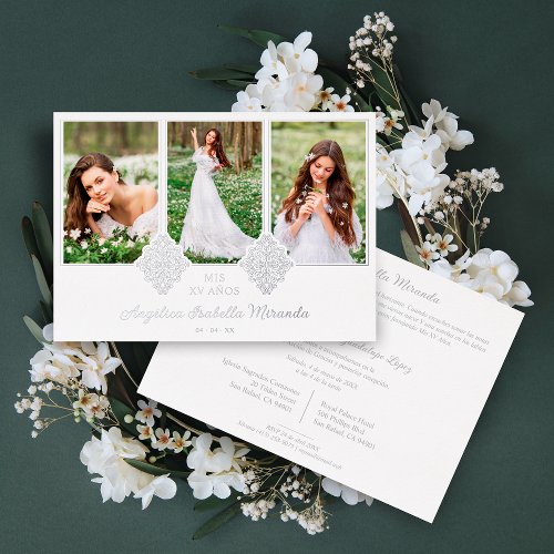 Fancy Romantic XV Spanish 3 Photos Silver Lace Foil Invitation