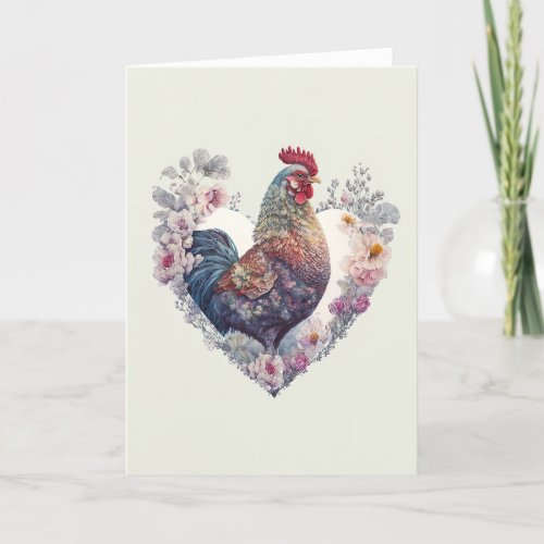 Fancy Rooster with Flowers for Valentines Day Holiday Card