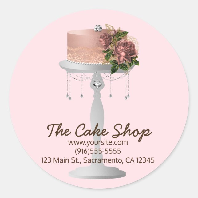 Fancy Rose Gold Floral Cake on Stand Bakery Classic Round Sticker (Front)