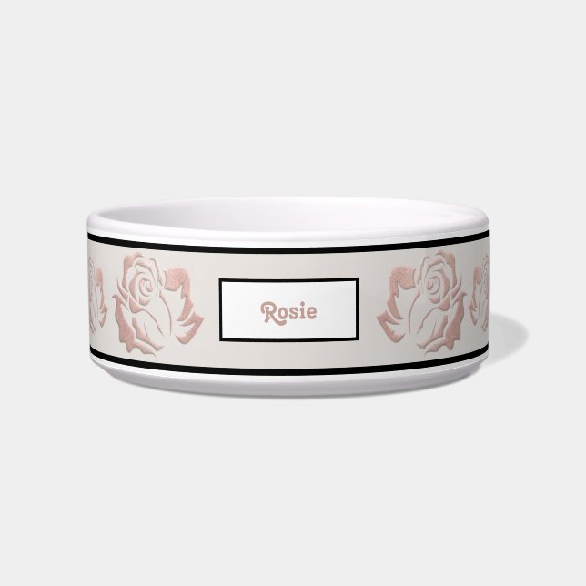 Fancy Rose Gold Monogram Pet Bowl with Roses (Front)